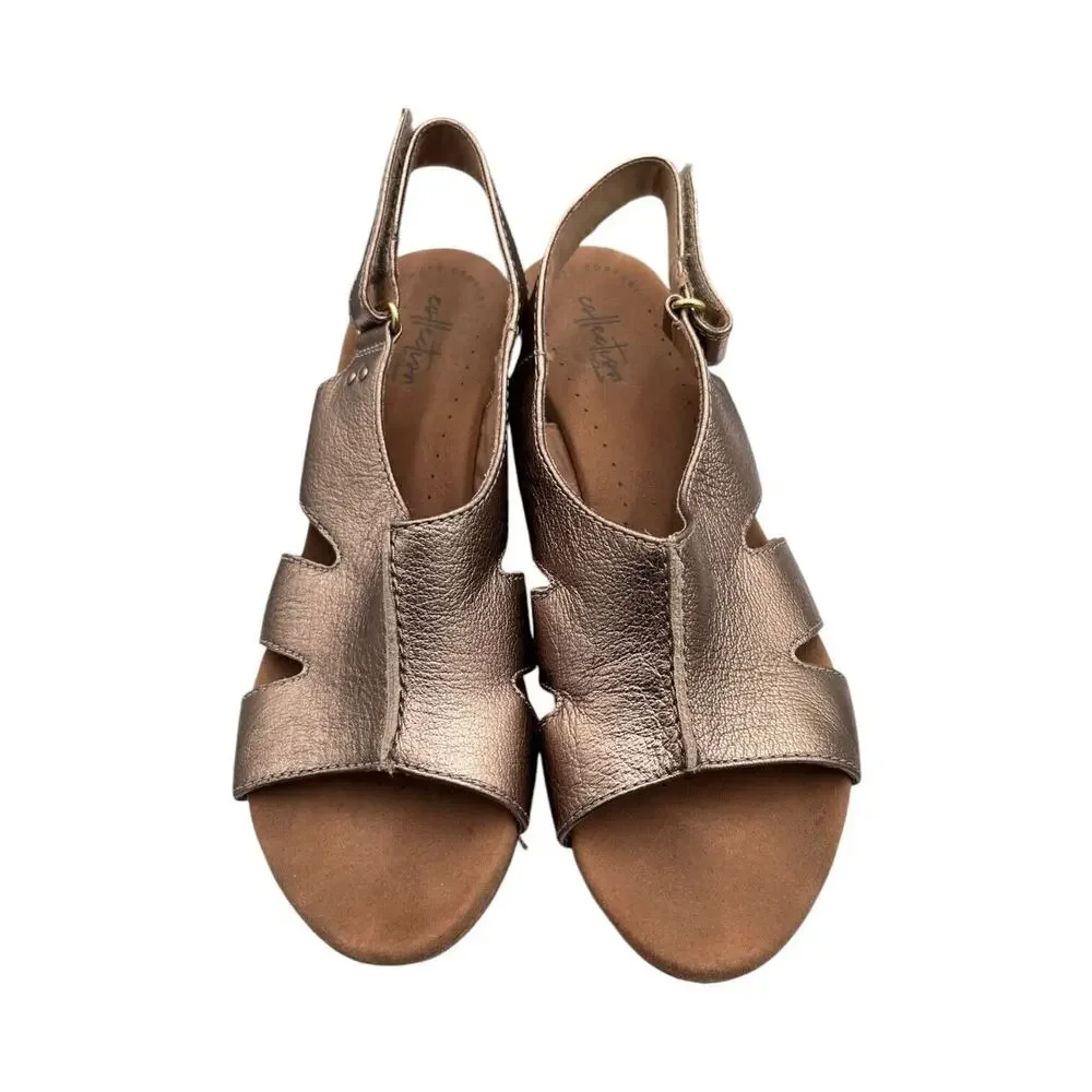 Clarks Collection Gold Nubuck Strap Leather Platform Wedge Sandal Size 9.5M EUC